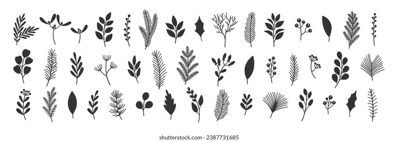 Vector set hand drawn illustrations of Christmas branches, leaves, and pine twigs. Big collection of winter holiday greenery. Black silhouettes of evergreen plants on a white background.