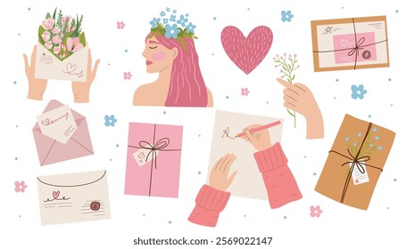 Vector set of hand drawn illustrations love letter, flowers, Mental health. Harmony and happiness. Healthy mentality and self care