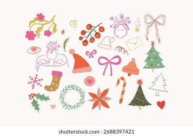 Vector set of hand drawn illustrations, quirky doodle elements for christmas banners and invitations,  birthday party cards, prints