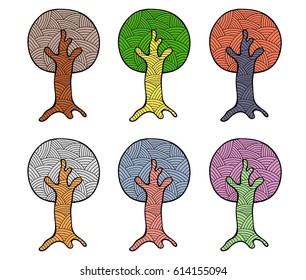 Vector set of hand drawn illustrations, decorative ornamental stylized tree. Graphic illustrations isolated on the white background. Decorative artistic ornamental hand drawing silhouette.