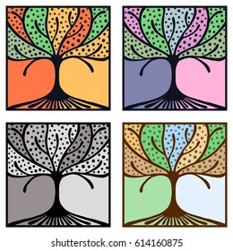 Vector set of hand drawn illustrations, decorative ornamental stylized tree. Graphic illustrations isolated on the white background. Decorative artistic ornamental hand drawing silhouette.