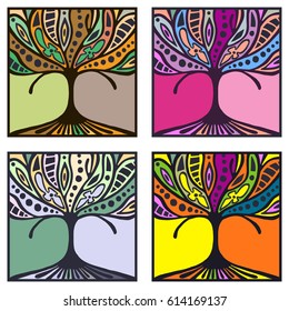 Vector set of hand drawn illustrations, decorative ornamental stylized tree. Graphic illustrations isolated on the white background. Decorative artistic ornamental hand drawing silhouette.