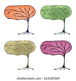 Vector set of hand drawn illustrations, decorative ornamental stylized tree. Graphic illustrations isolated on the white background. Decorative artistic ornamental hand drawing silhouette.