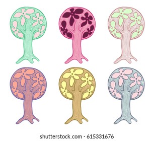 Vector set of hand drawn illustrations, decorative ornamental stylized tree. Graphic illustrations isolated on the white background. Decorative artistic ornamental hand drawing silhouette.