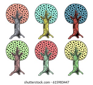 Vector set of hand drawn illustrations, decorative ornamental stylized tree. Graphic illustrations isolated on the white background. Decorative artistic ornamental hand drawing silhouette.