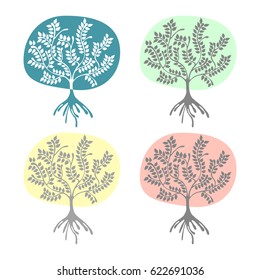 Conjunto de Vector de ilustraciones dibujadas a mano, árbol estilizado ornamental decorativo. Ilustraciones gráficas aisladas en el fondo blanco. Silueta decorativa del dibujo ornamental artístico de la mano.