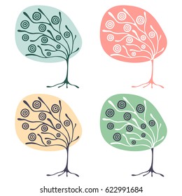 Vector set of hand drawn illustrations, decorative ornamental stylized tree. Graphic illustrations isolated on the white background. Decorative artistic ornamental hand drawing silhouette.