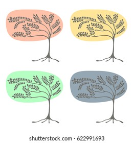 Vector set of hand drawn illustrations, decorative ornamental stylized tree. Graphic illustrations isolated on the white background. Decorative artistic ornamental hand drawing silhouette.