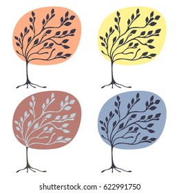 Vector set of hand drawn illustrations, decorative ornamental stylized tree. Graphic illustrations isolated on the white background. Decorative artistic ornamental hand drawing silhouette.