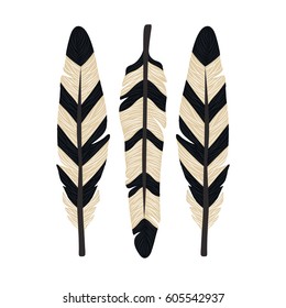 Vector set of hand drawn indian feathers. Black and white ethnic pattern. Bohemian style illustration for poster, card, t-shirt print, invites