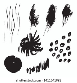 Vector set of hand drawn ink elements. Collection of terms for creative artistic design. Abstract shapes for modern collage style
