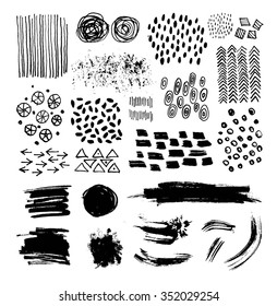 Vector set of hand drawn ink textures and brush strokes. Artistic drawing
