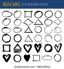 Vector set of hand drawn ink brush shapes - circle, oval, triangle, square, rhombus and heart.