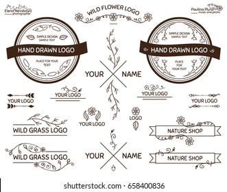 Vector set of hand drawn insignias, symbols, logotypes and labels in bohemian style. Perfect for business signs, personal branding. Lovely elements, wild flowers, herbals, branches and leaves