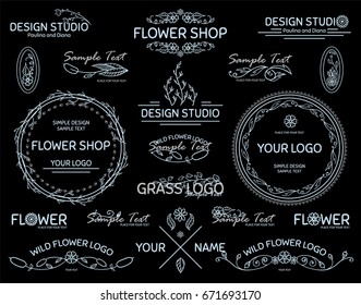 Vector set of hand drawn insignias, symbols, logotypes and labels in bohemian style. Perfect for business signs, personal branding. Perfect for design studio, organic, natural cosmetic, handmade items