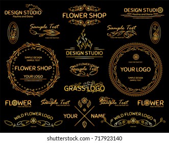 Vector set of hand drawn insignias, symbols, logotypes and labels in bohemian style. Suitable for business signs, personal branding, blog and web design. Premium gold style on black