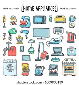 Vector set with hand drawn isolated colored doodles of home appliances and electronics on white color. Vector set on the theme of equipment. Sketches for use in design
