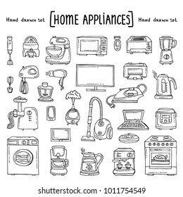 Vector set with hand drawn isolated doodles of home appliances and electronics on white color. Vector set on the theme of equipment. Sketches for use in design
