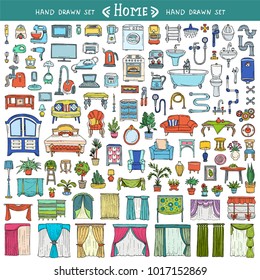 Vector set with hand drawn isolated color doodles on the  theme of home. Furniture, curtains, home appliances, plumbing, houseplants. Sketches for use in design
