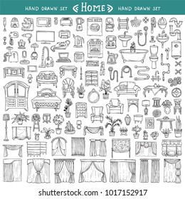 Vector set with hand drawn isolated doodles on the  theme of home on white color. Furniture, curtains, home appliances, plumbing, houseplants. Sketches for use in design
