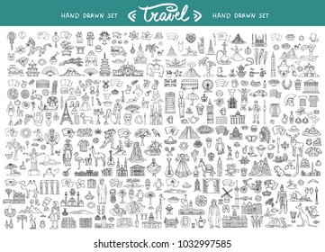 Vector set with hand drawn isolated doodles on the  theme of travel. National symbols of Asia, Europe, South and North America. Sketches for use in design
