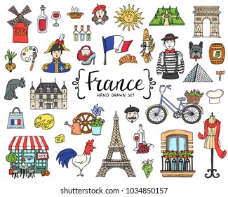 Vector set with hand drawn isolated colored doodles on the  theme of France. National symbols. Sketches for use in design
