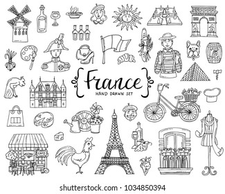 Vector set with hand drawn isolated doodles on the  theme of France. National symbols. Sketches for use in design
