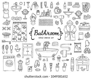 Vector set with hand drawn isolated doodles on the  theme of bathroom on white color. Sketches for use in design
