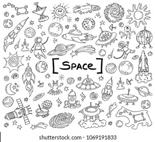 Vector set with hand drawn isolated doodles on the  theme of spaace on white color. Sketches for use in design
