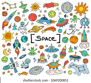 Vector set with hand drawn isolated colored doodles on the  theme of spaace on white color. Sketches for use in design
