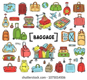 Vector set with hand drawn isolated colored doodles on the theme of baggage on white color. Sketches for use in design
