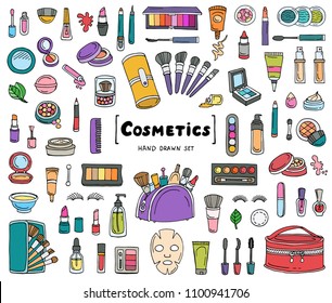 Vector set with hand drawn isolated colored doodles on the theme of cosmetics, fashion and beauty on white color. Sketches for use in design
