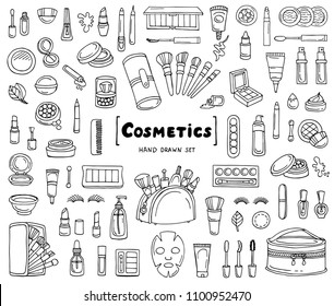 Vector set with hand drawn isolated doodles on the theme of cosmetics, fashion and beauty on white color
