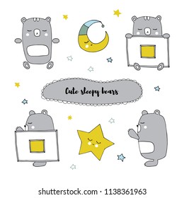 Vector set of hand drawn isolated elements, sleepy bear in different positions. Cute character. Simple design, Scandinavian style. For kids fashion, room decoration, wall art