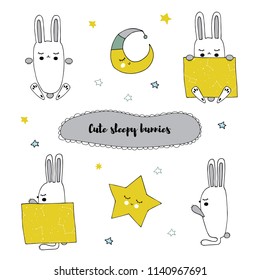Vector set of hand drawn isolated elements, sleepy bunny in different positions. Cute character. Simple design, Scandinavian style. For kids fashion, room decoration, wall art