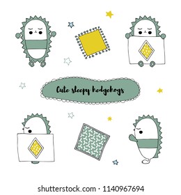 Vector set of hand drawn isolated elements, sleepy hedgehog in different positions. Cute character. Simple design, Scandinavian style. For kids fashion, room decoration, wall art