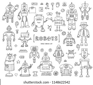 Vector set with hand drawn isolated doodles on the theme of robots and technology. Sketches for use in design on white color
