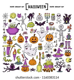 Vector set with hand drawn isolated colored doodles, icons on the theme of Halloween. Happy Halloween hand drawn illustrations and design elements
