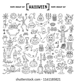 Vector set with hand drawn isolated doodles, icons on the theme of Halloween. Happy Halloween hand drawn illustrations, design elements
