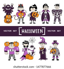 Vector set with hand drawn isolated colored doodles, icons on the theme of Halloween, сartoon vampires. Sketches for use in design