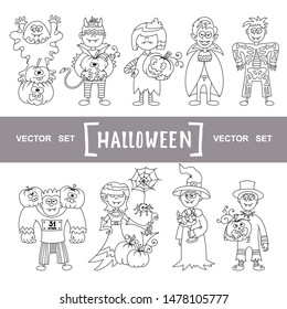 Vector set with hand drawn isolated colored doodles, icons on the theme of Halloween, сartoon vampires. Sketches for use in design