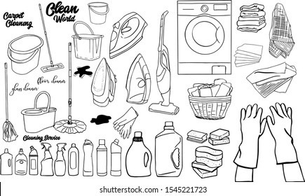 Vector set with hand drawn, isolated doodles of cleaning service on white color. Flat illustrations on the theme of cleanliness. Sketches for use in design, web site, packing, textile, fabric