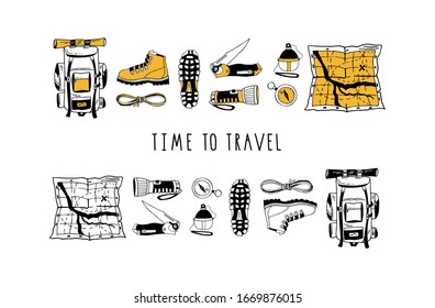 Vector set of hand drawn isolated elements. Hiking gear for camping trips, adventurous backpacking. Backpack, boots, map, flashlight. Modern lettering. Minimal black. Contour and color