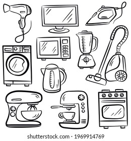 Vector set with hand drawn isolated doodles of home appliances on white color.