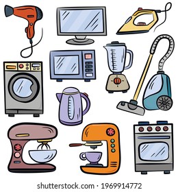 Vector set with hand drawn isolated colored doodles of home appliances on white color.