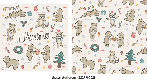 Vector set hand drawn isolated doodle objects   seamless pattern and cute Christmas bears