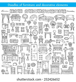 Vector set of hand drawn and isolated doodles of furniture and decorative elements. Sketches for use in design