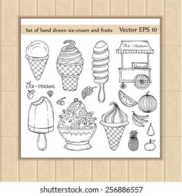 Vector set of hand drawn, isolated ice-cream and fruits doodles. Sketches for use in design