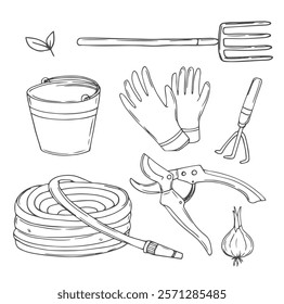 Vector set with hand drawn isolated doodles on the theme of garden, garden tools, agriculture, equipment, harvest. Symbols of gardening on white background. Sketches for use in design