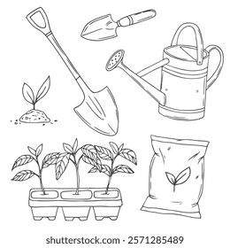 Vector set with hand drawn isolated doodles on the theme of garden, garden tools, agriculture, equipment, harvest. Symbols of gardening on white background. Sketches for use in design